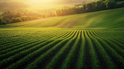 Canvas Print - Lush green fields under a warm sunset glow.