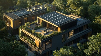 Sticker - Modern House with Rooftop Terrace, Solar Panels, and Lush Greenery