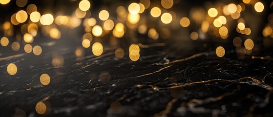 Wall Mural - Elegant golden bokeh lights shimmering on a dark marble surface, perfect for backgrounds and festive themes.