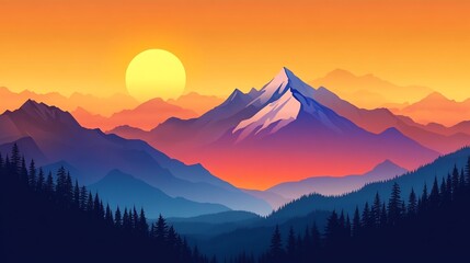 Sticker - A colorful sunset over a mountain range with a large, snow-capped peak in the foreground.