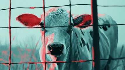 Poster - A Cow's Face Behind a Wire Fence in Red and Blue Tones