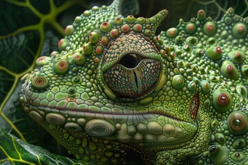 Close-up of a highly textured green reptile with complex scales and a vivid, intricate eye pattern. Macro shot of lizard's skin and eye details. Generative AI