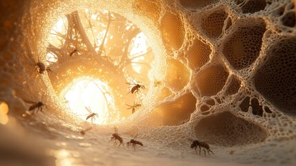 Bees exploring intricate honeycomb with warm glowing sunlight inside hive