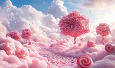 whimsical candy landscape with pink lollipop trees, surrounded by candy-shaped mounds under a cloudy