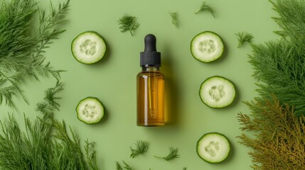 Poster - Cucumber slices surround a bottle of cucumber essential oil