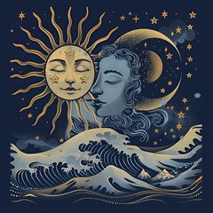 Golden sun and moon with a blue ocean wave design.