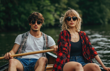 Wall Mural - A young couple canoing on the river, summer day, sunny weather, they wear casual and sunglasses