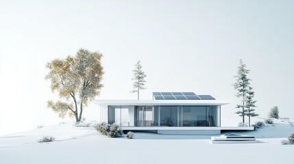 Wall Mural - Modern White House with Solar Panels in a Snowy Landscape