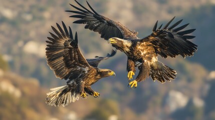 Canvas Print - Two Golden Eagles in Mid-Flight Against a Blurred Mountain Background