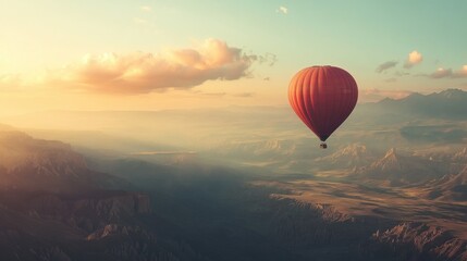 Poster - Red Hot Air Balloon Soaring Over Dramatic Mountain Landscape at Sunset