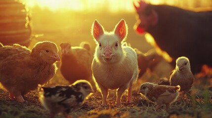 Wall Mural - Piglet and Chicks Interacting in Golden Sunlight