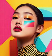 Canvas Print - an attractive woman with vibrant makeup and colorful geometric shapes in the background.