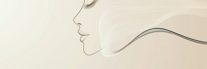 Poster - A graceful representation of a feminine face emerges through delicate, flowing lines on a soothing backdrop. Generative AI