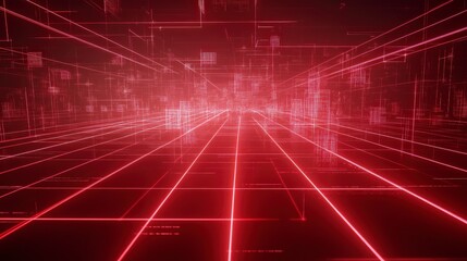 Wall Mural - immersive digital landscape with red neon lights creating a dynamic grid
