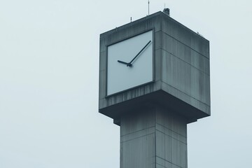 Concrete clock tower against a cloudy sky showing the time in an urban setting during the day