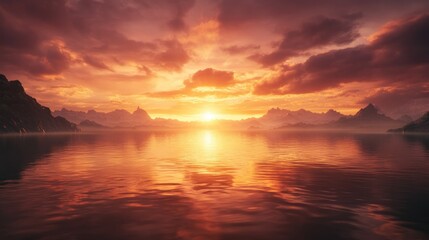 Wall Mural - A Calm Lake Reflecting a Sunset Over Mountain Peaks