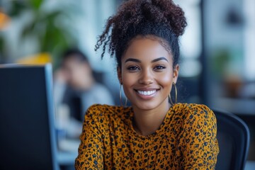 Medium portrait of young female African American computer programmer smiling typing on keyboard while sitting at desk working in IT development office, copy, Generative AI