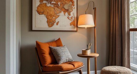 Wall Mural - Cozy reading nook with a warm, earthy palette, featuring a wooden cabinet, modern art, and a soft orange stool for a relaxed atmosphere.