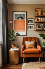 Wall Mural - Cozy reading nook with a warm, earthy palette, featuring a wooden cabinet, modern art, and a soft orange stool for a relaxed atmosphere.