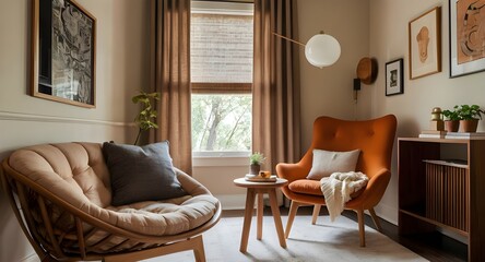 Wall Mural - Cozy reading nook with a warm, earthy palette, featuring a wooden cabinet, modern art, and a soft orange stool for a relaxed atmosphere.