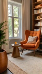 Wall Mural - Cozy reading nook with a warm, earthy palette, featuring a wooden cabinet, modern art, and a soft orange stool for a relaxed atmosphere.