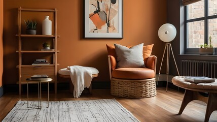 Wall Mural - Cozy reading nook with a warm, earthy palette, featuring a wooden cabinet, modern art, and a soft orange stool for a relaxed atmosphere.