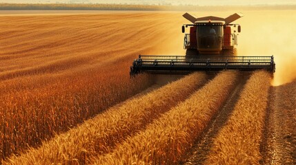 Combine Harvester Cutting Golden Wheat Field at Sunset