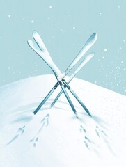 Poster - Crossed skis rest on a snow-covered surface, marked by small footprints in the powdery snow while snowflakes gently fall. Generative AI