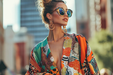 Canvas Print - A stylish woman in an ornate robe walks down the street during Fashion Week, showcasing her unique and colorful outfit with sunglasses on.