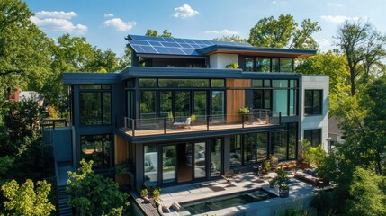 Wall Mural - Modern Home with Solar Panels and Pool