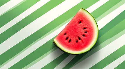 Wall Mural - A slice of watermelon on a green and white striped background.