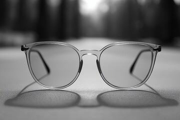 Clear glasses resting on a smooth surface in a soft-focus outdoor setting during daylight