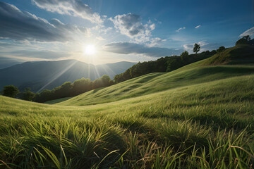 Realistic outdoor green grass ground field mountain hill public park and cloud and blue sky background with blur background in concept of freshness, growth, environment ecology and sustainablility