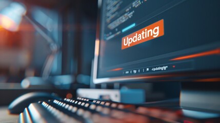 Close-up of computer screen showing software update progress bar with 