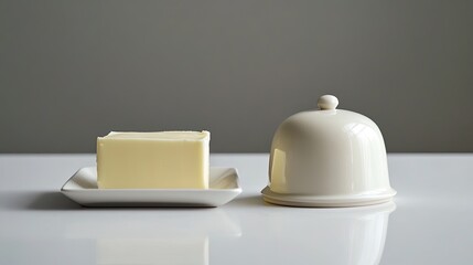 A butter dish with a lid placed beside a block of butter on a clean white surface. The sleek, modern presentation suggests quality and freshness.