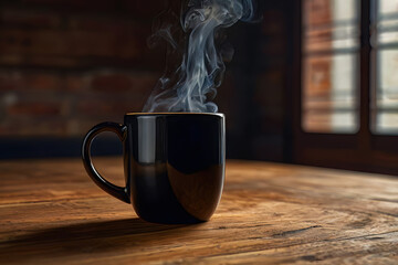 Realistic hot coffee mug cup with smoke on wood desk table with blur background, Coffee is a famous drink around the world that serve in cafe and restaurant