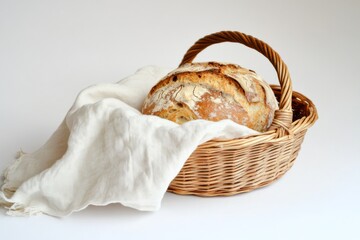 There is fresh bread in a wicker basket draped with a white napkin.