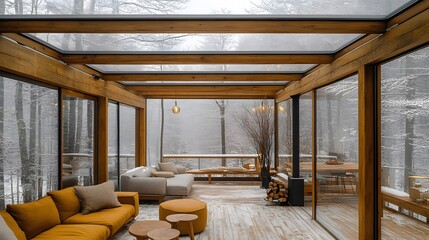 Open loft cabin with a glass ceiling, rustic wooden floors, and modern furniture arranged in a minimalist style