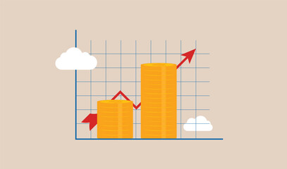 Economic growth and business profits concept design, business revenue growth concept design, gold currency showing on graph chart with arrow for finance. Businessman vector flat design illustration.