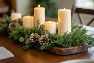 A festive holiday table centerpiece with candles and greenery.