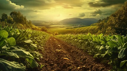 Poster - A Rural Path Through Lush Green Crops Leading to Rolling Hills Under a Cloudy Sky at Sunset