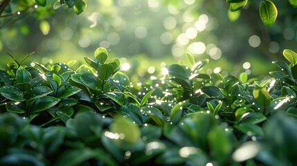 Canvas Print - Close Up of Lush Green Leaves with Dew Drops in Sunlight