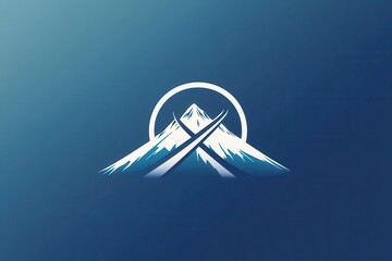 Poster - A logo features skis elegantly positioned with snowy mountains in a peaceful blue atmosphere, emphasizing winter sports excitement. Generative AI
