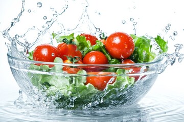 A bowl of lettuce and tomatoes with a lot of water.