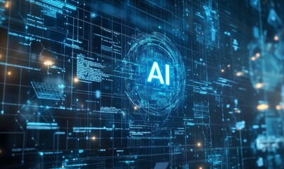 Digital AI interface with glowing blue code.