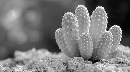 Wall Mural - Close-Up of a Prickly Pear Cactus in Black and White