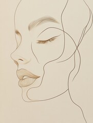Poster - An elegant representation of a female profile emerges through flowing, abstract lines, highlighting serenity and beauty in minimalism. Generative AI