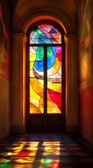 Wall Mural - Blue, yellow, and red stained glass pieces form a colorful window