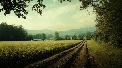 Poster - A Dirt Path Winding Through a Lush Green Field Towards a Distant Forest