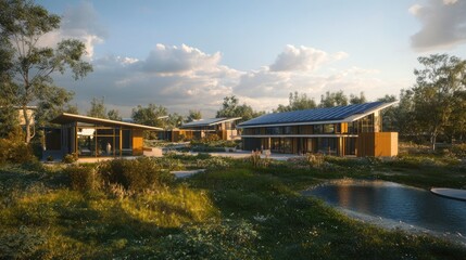 Canvas Print - Modern Sustainable Homes with Solar Panels and Pond in a Green Landscape